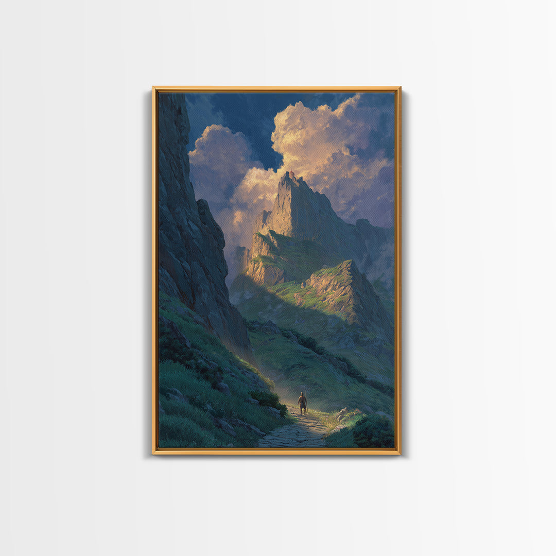 Epic Mountain Landscape With Brave Knight Walking Path Dramatic Sky Fine Art Canvas Print For Living Room