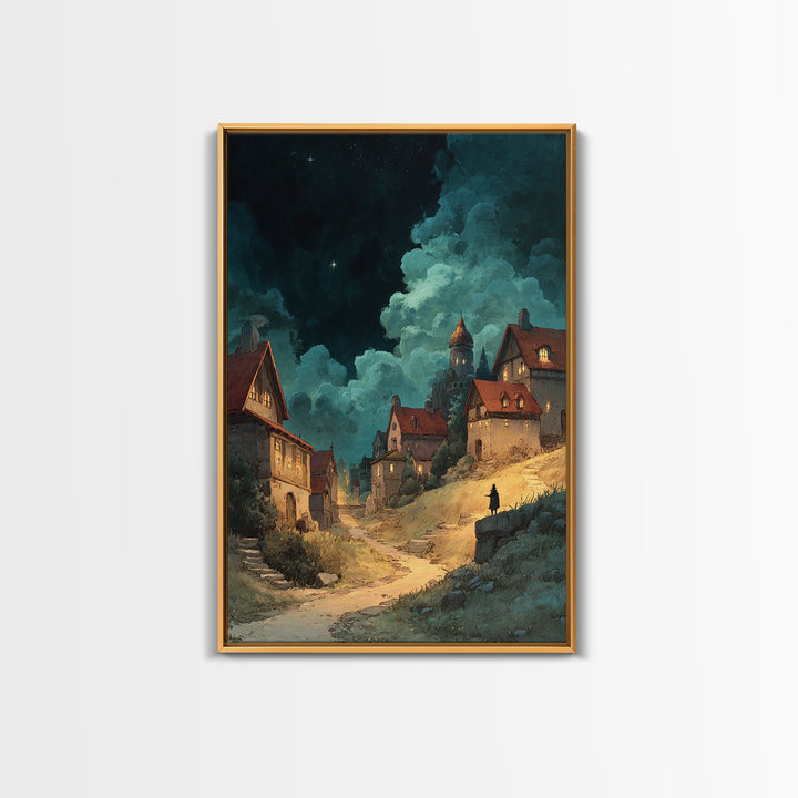 Fantasy Village Landscape With Glowing Lights At Night Framed Canvas Print Large Wall Art For Living Room