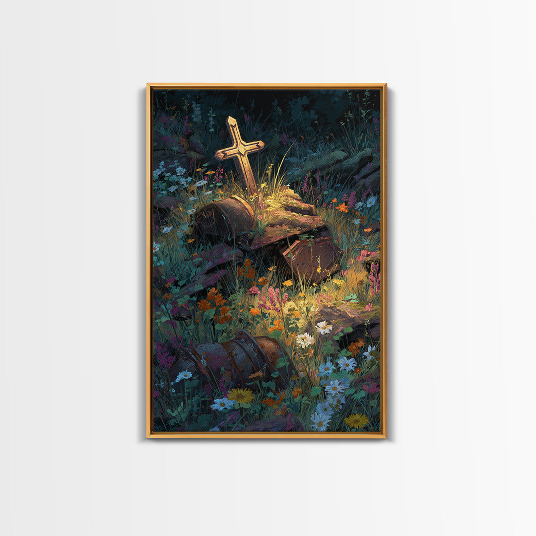 Overgrown Ruins With Flowers Fantasy Landscape Digital Painting Wall Art Canvas Print Unique Nature Inspired Home Decor