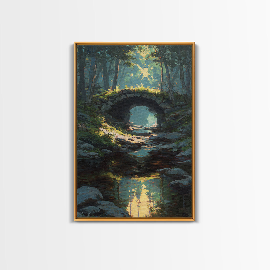 Serene Forest Path Under Stone Bridge With Dappled Sunlight Original Oil Painting Wall Art Framed Canvas Print