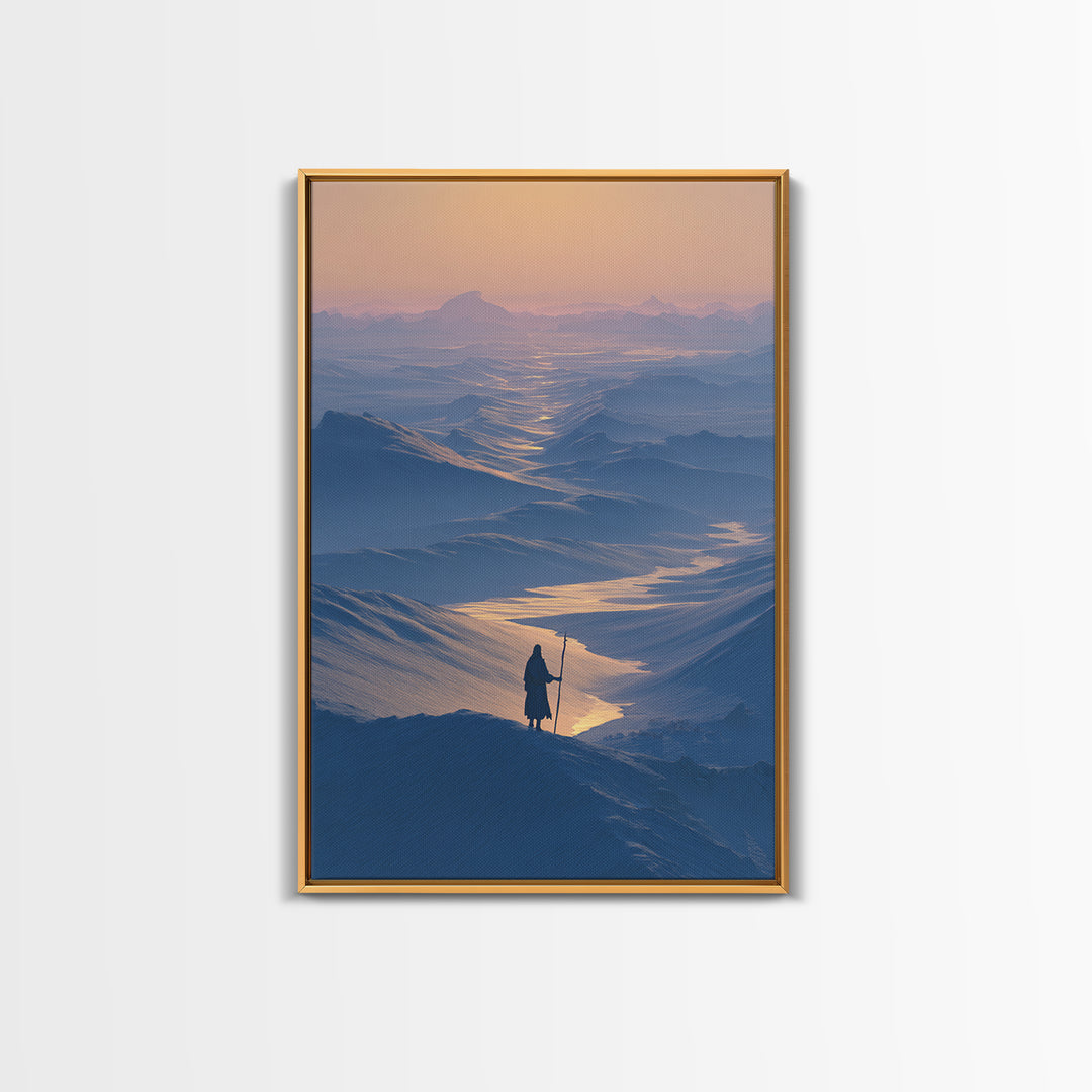 Serene Blue Mountain Landscape With Lone Traveler Canvas Print Tranquil Wall Art Framed Home Decor