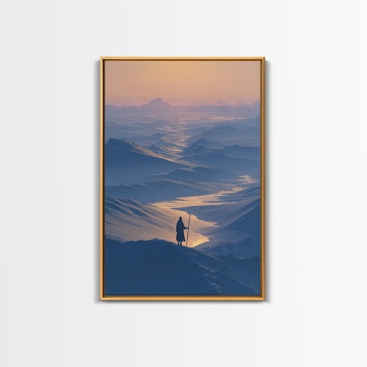 Serene Blue Mountain Landscape With Lone Traveler Canvas Print Tranquil Wall Art Framed Home Decor