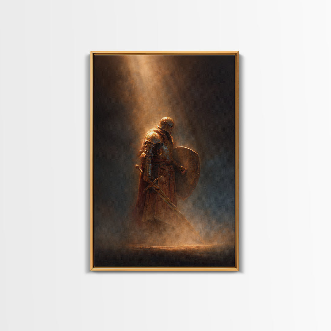Knight With Sword And Shield Medieval Artwork Dark Fantasy Wall Art Decor Framed Canvas Print