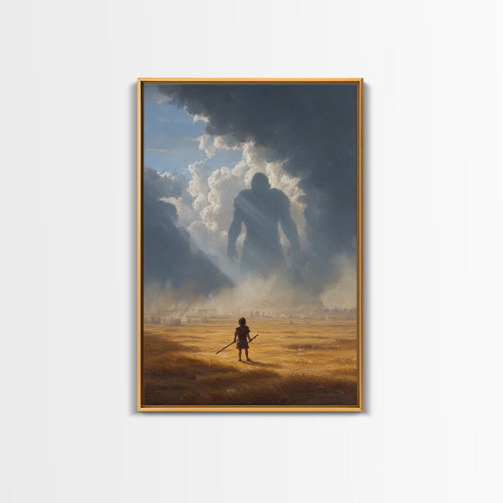 Epic Battle Scene With Warrior Facing Giant Shadow In Dramatic Landscape Wall Art Canvas Print