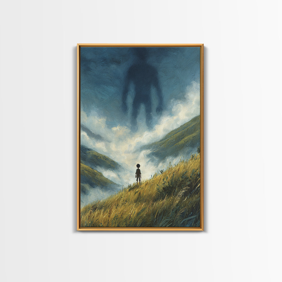 Misty Valley With Lone Boy Facing Giant Shadow Figure Atmospheric Surreal Art Wall Art Canvas Print