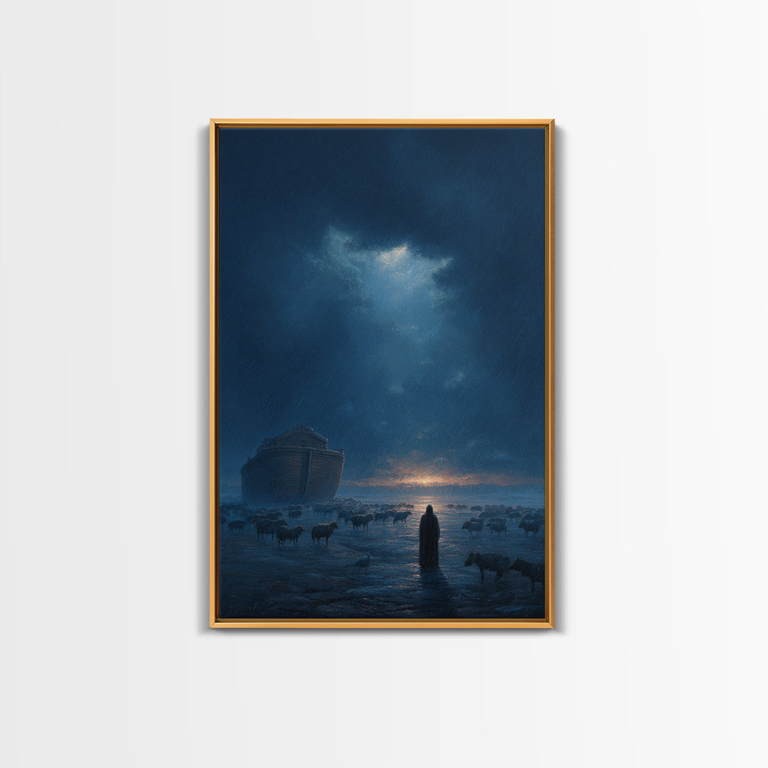 Dramatic Rainy Night With Ark And Shepherd Surrounded By Sheep Wall Art Framed Canvas Print For Home Decor
