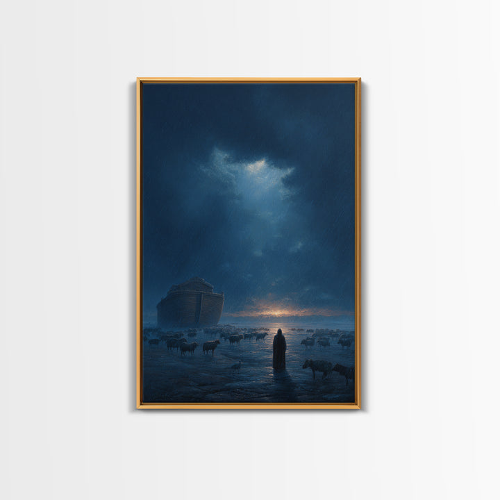 Dramatic Rainy Night With Ark And Shepherd Surrounded By Sheep Wall Art Framed Canvas Print For Home Decor