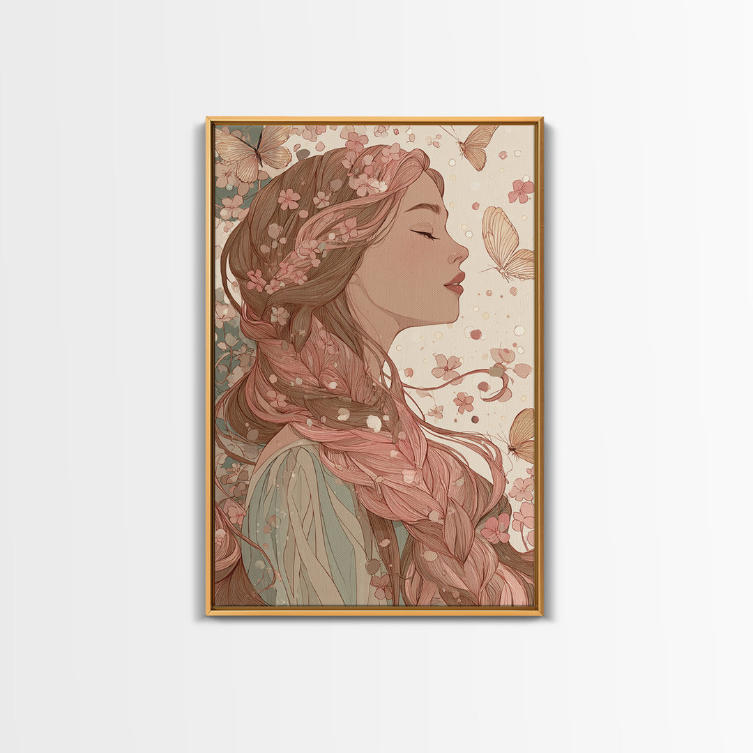 Art Nouveau Woman With Butterflies Framed Canvas Print, Feminine Wall Art, Floral Portrait, Romantic Bedroom Decor, Gift For Her