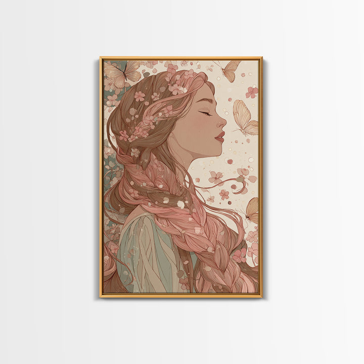 Art Nouveau Woman With Butterflies Framed Canvas Print, Feminine Wall Art, Floral Portrait, Romantic Bedroom Decor, Gift For Her
