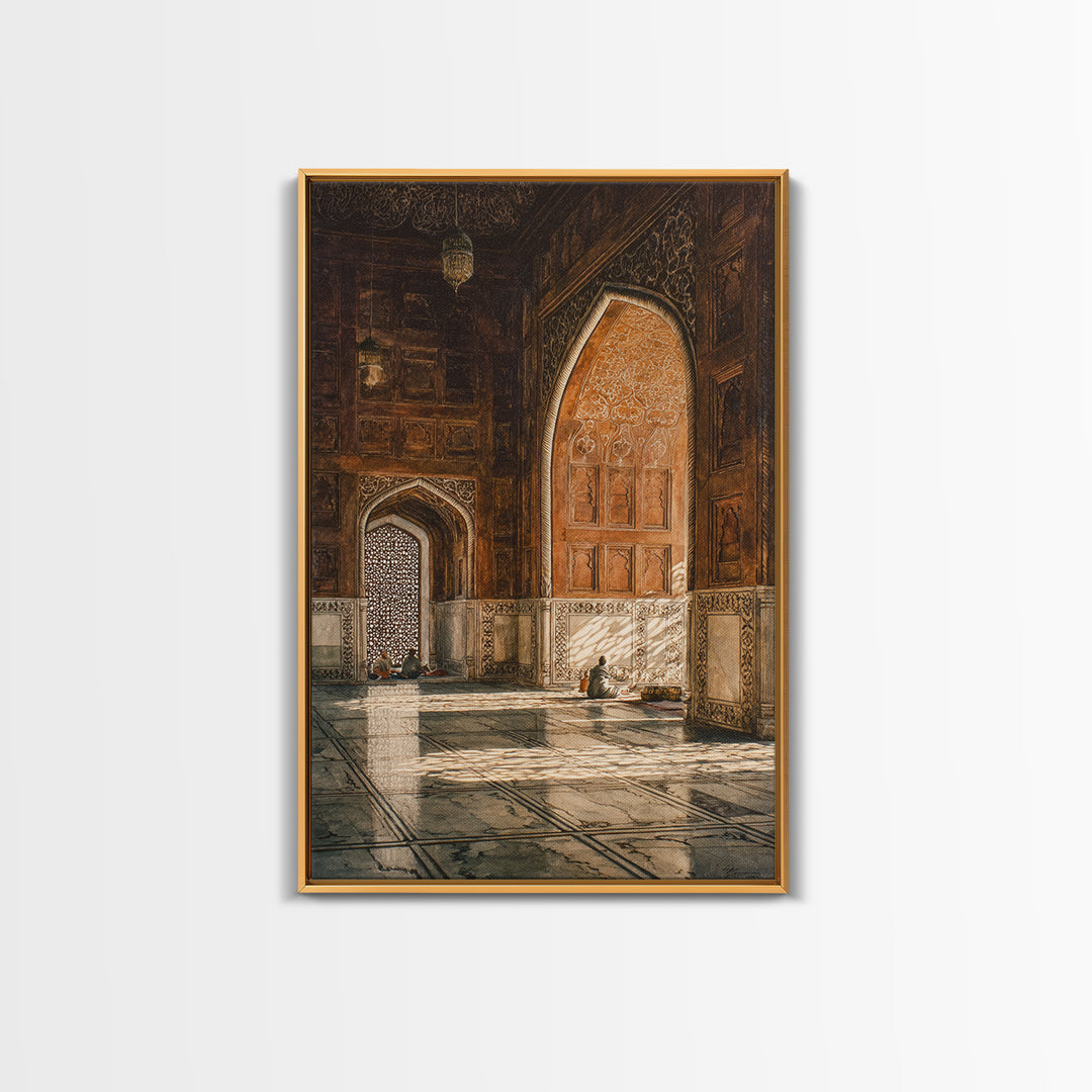 Sunlit Mosque Interior Painting With Intricate Archways Canvas Print Wall Art For Islamic Decor And Spiritual Ambiance