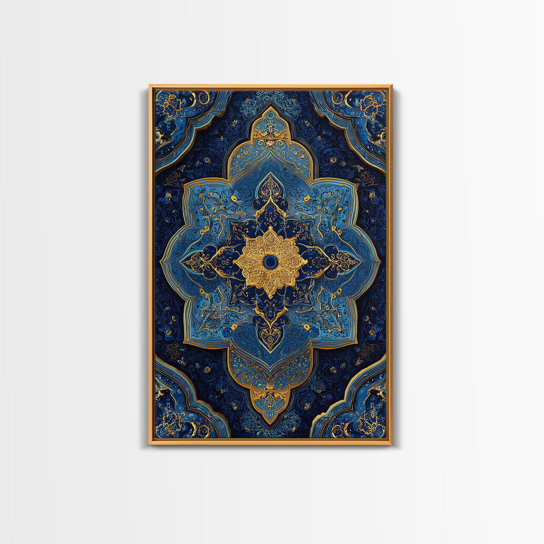 Luxurious Blue And Gold Ornate Mandala Pattern Modern Wall Decor Framed Canvas Print For Elegant Spaces