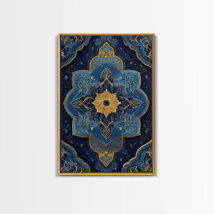 Luxurious Blue And Gold Ornate Mandala Pattern Modern Wall Decor Framed Canvas Print For Elegant Spaces