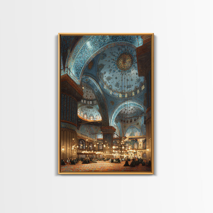 Intricate Islamic Blue Mosque Interior Wall Art Framed Canvas Print Religious Home Decor Spiritual Art Print