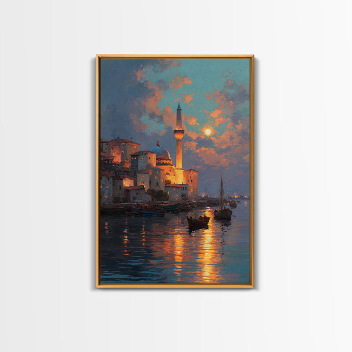 Golden Hour Coastal Landscape With Sword In Beach Sand Dramatic Sunset Painting Canvas Print For Unique Home Decor Wall Art