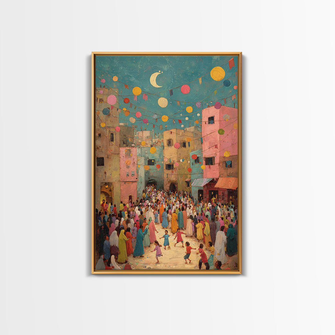 Colorful Festive Middle Eastern Street Scene With Moon And Lanterns Wall Art Framed Canvas Print