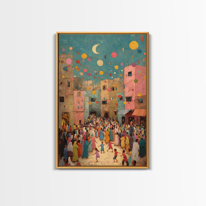 Colorful Festive Middle Eastern Street Scene With Moon And Lanterns Wall Art Framed Canvas Print