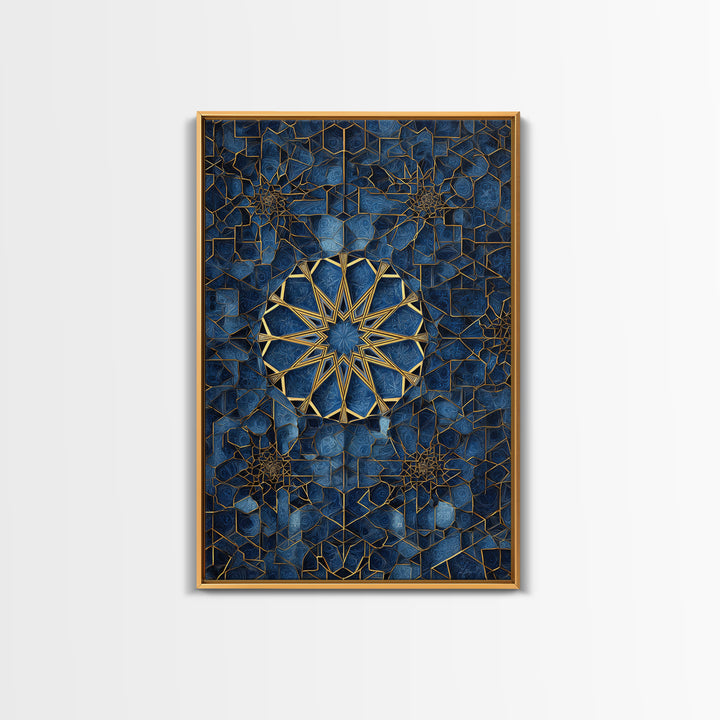 Intricate Blue And Gold Islamic Geometric Wall Art Framed Canvas Print Perfect For Modern Home Decor And Spiritual Spaces