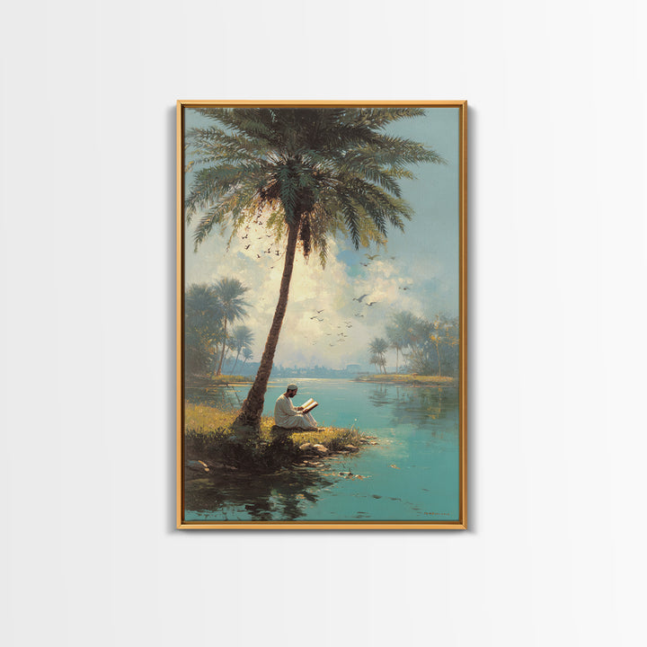Serene Middle Eastern Landscape With Man Reading By Palm Tree Vintage Style Painting Wall Art Canvas Print