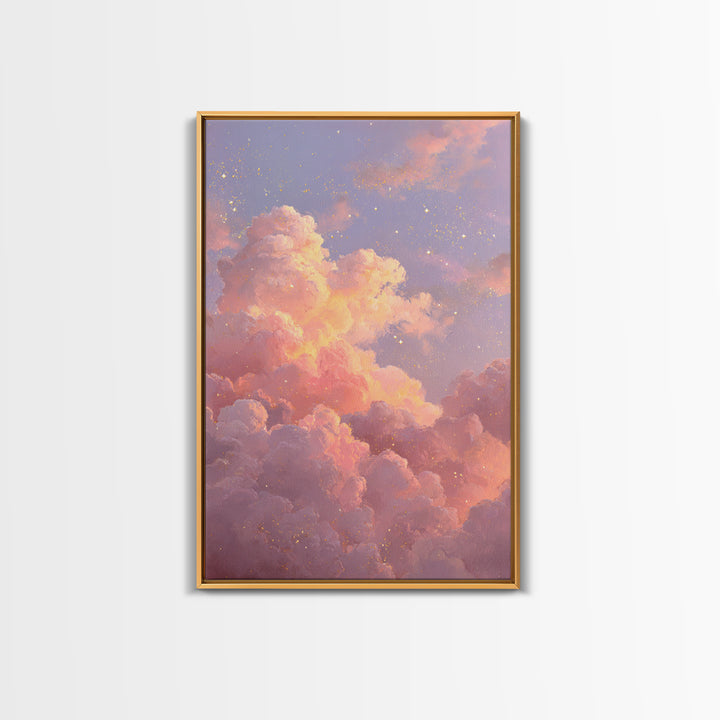 Dreamy Pink Clouds And Starry Sky Canvas Print, Celestial Wall Art, Pastel Nursery Decor, Whimsical Bedroom Art, Gift For Her