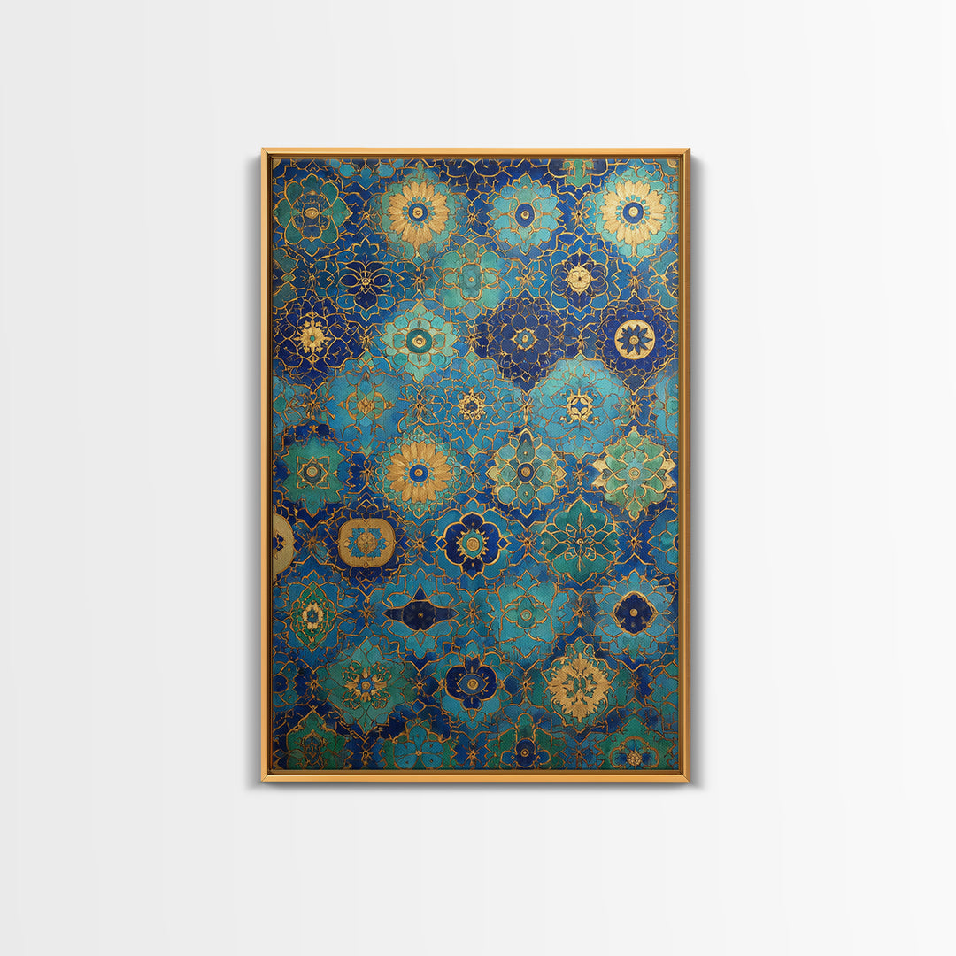 Blue And Gold Islamic Geometric Tile Art Elegant Framed Canvas Print For Traditional Home Decor Or Thoughtful Gift