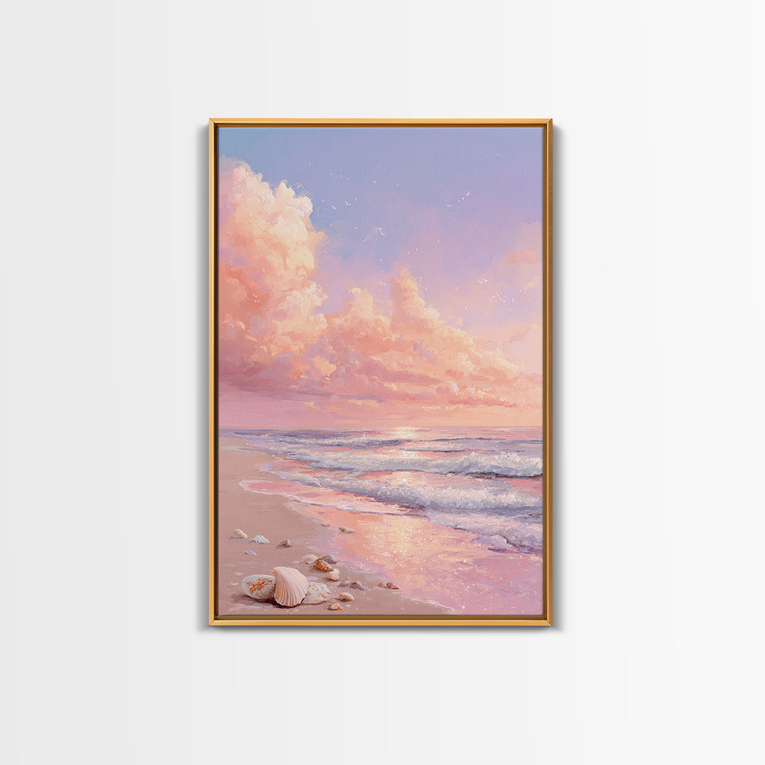Pastel Ocean Sunrise With Seashells Canvas Print, Coastal Wall Art, Beach House Decor, Seascape Painting, Gift For Her, Home Decor