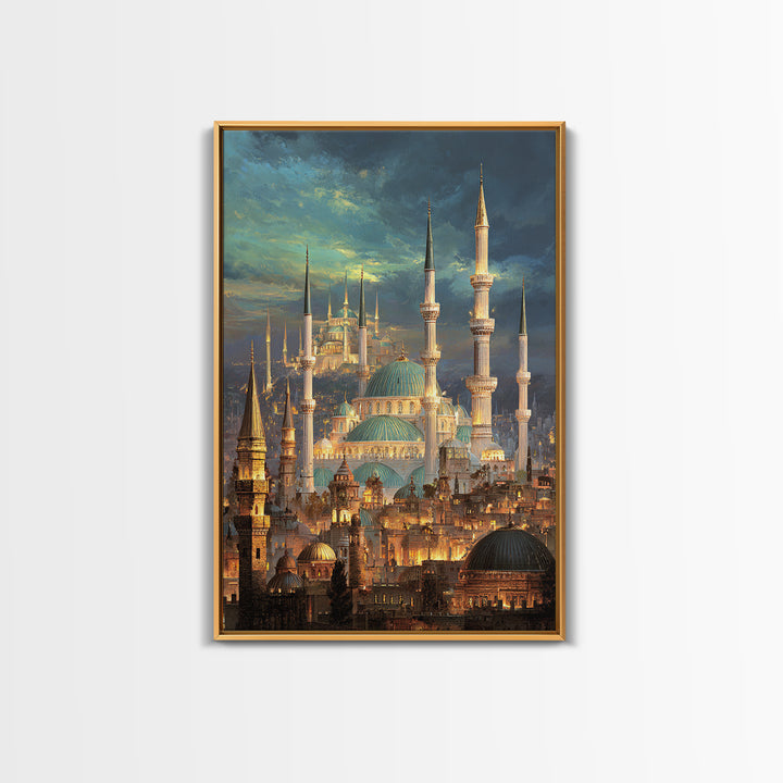 Elegant Cityscape Painting Of Historic Minarets And Domes With Glowing Lights At Dusk Wall Art Canvas Print