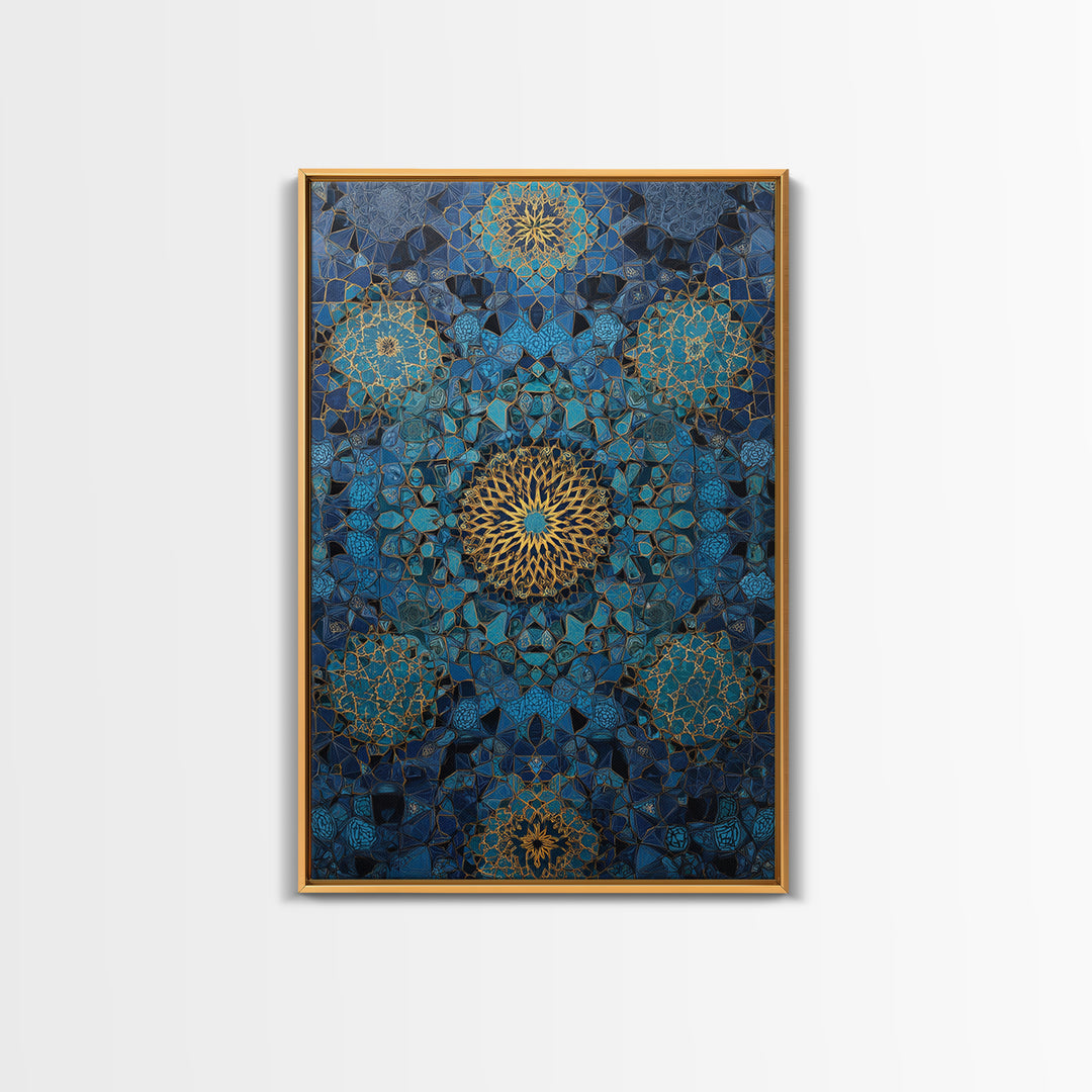 Intricate Blue And Gold Islamic Geometric Pattern Wall Art Framed Canvas Print For Modern Home Decor