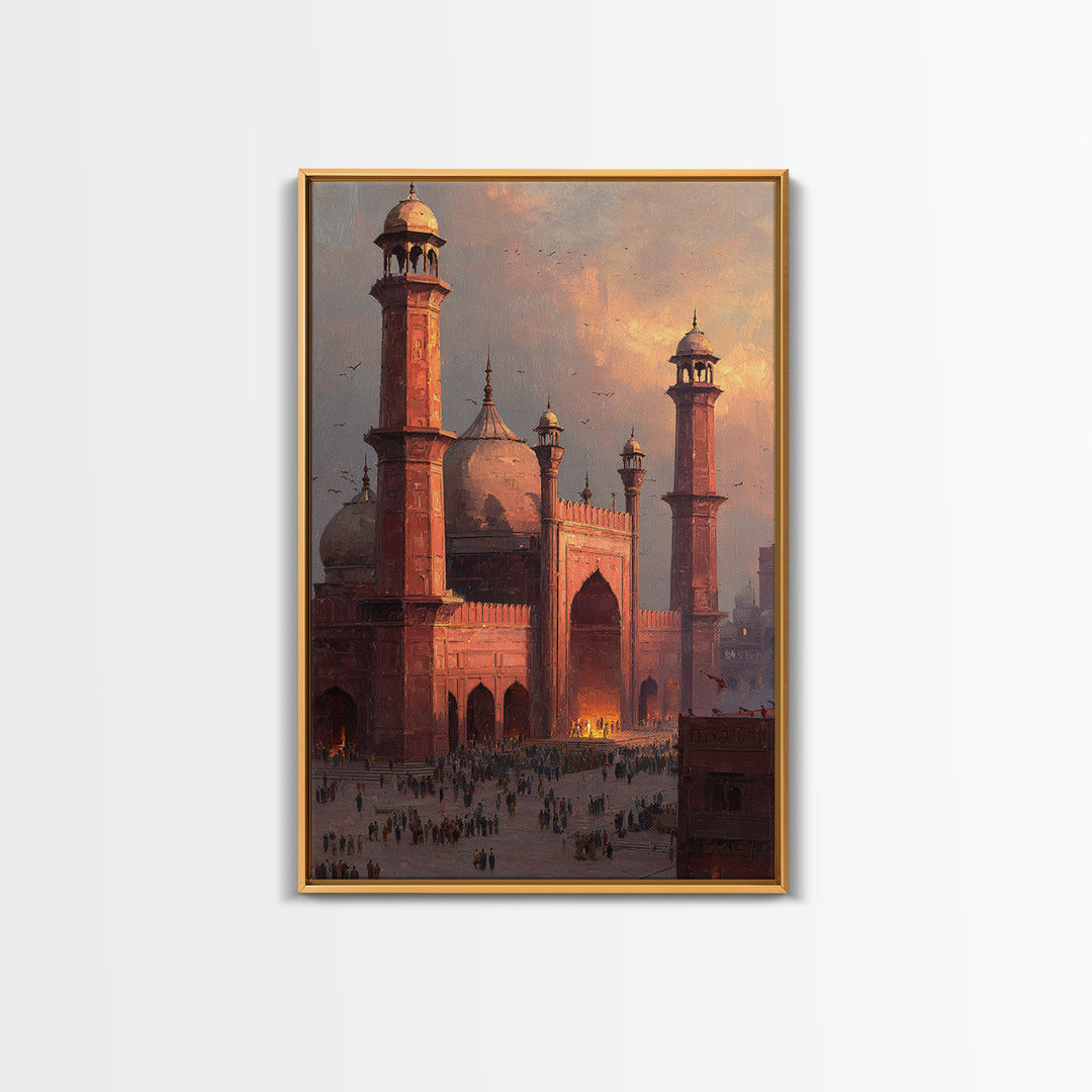 Historic Red Mosque Sunset Scene With Crowds And Birds Captured In Beautiful Oil Painting Wall Art