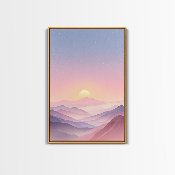 Pastel Mountain Sunrise Under Starry Sky Wall Art, Minimalist Landscape Print, Calming Bedroom Decor, Modern Home Decor, Gift
