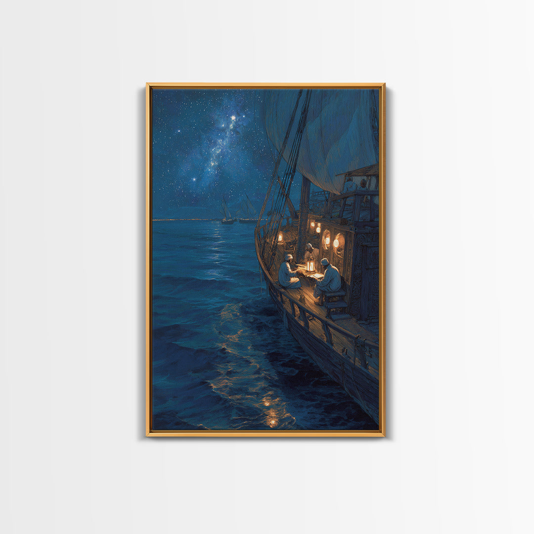 Sailors Reading By Lantern On Historic Ship Under Starry Night Sky Wall Art Framed Canvas Print For Nautical Home Decor