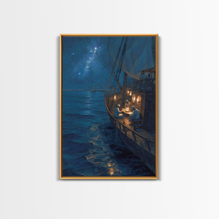 Sailors Reading By Lantern On Historic Ship Under Starry Night Sky Wall Art Framed Canvas Print For Nautical Home Decor