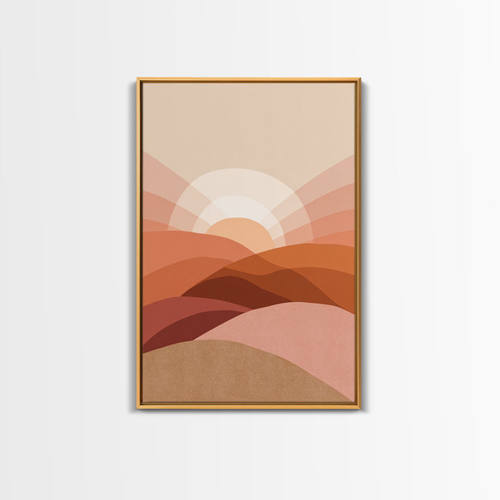 Terracotta Desert Sunrise Over Layered Hills Framed Canvas Print, Boho Wall Art, Earth Tone Decor, Large Abstract Landscape