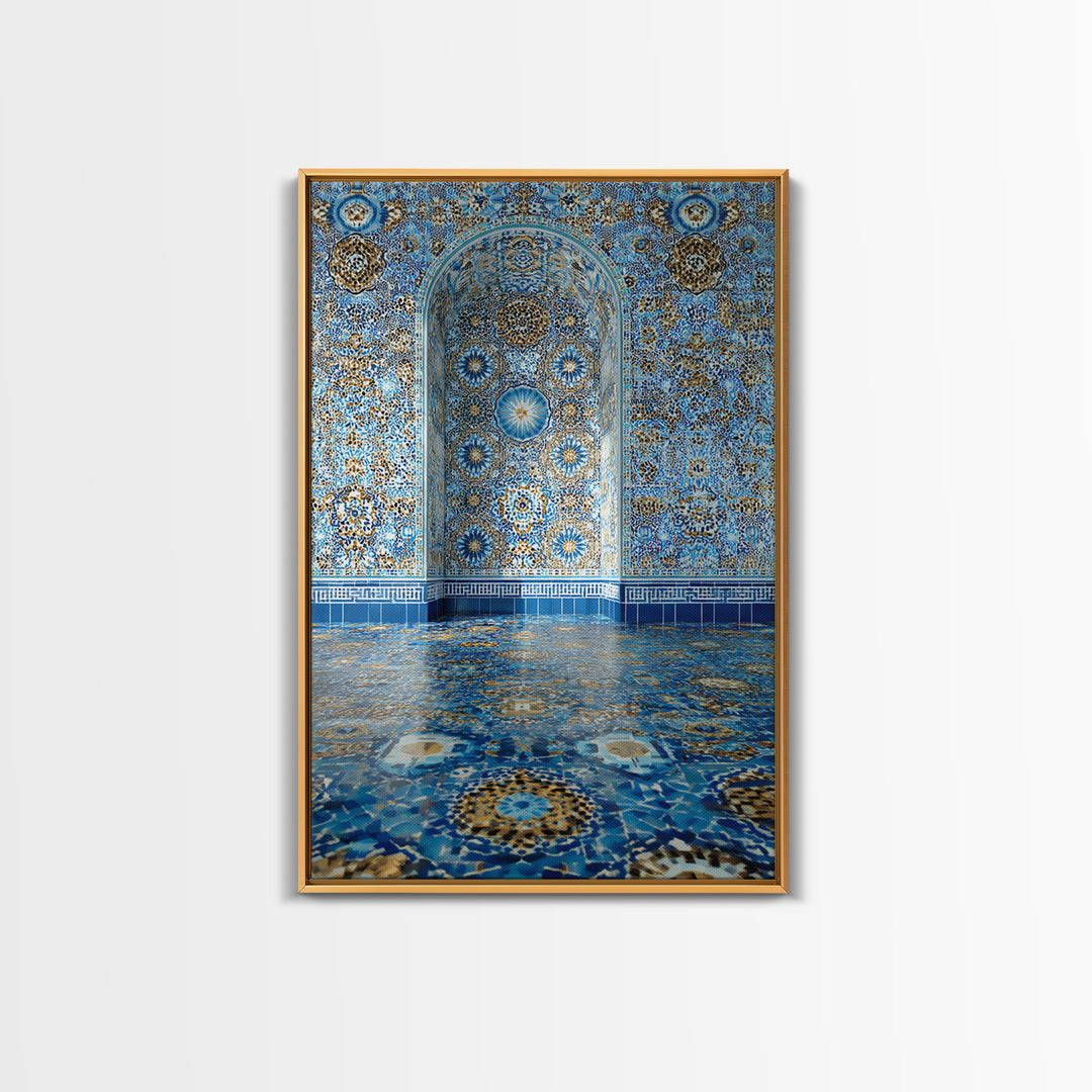 Intricate Islamic Tile Pattern Blue And Gold Wall Art Framed Canvas Print Featuring Elegant Cultural Home Decor Or Gift