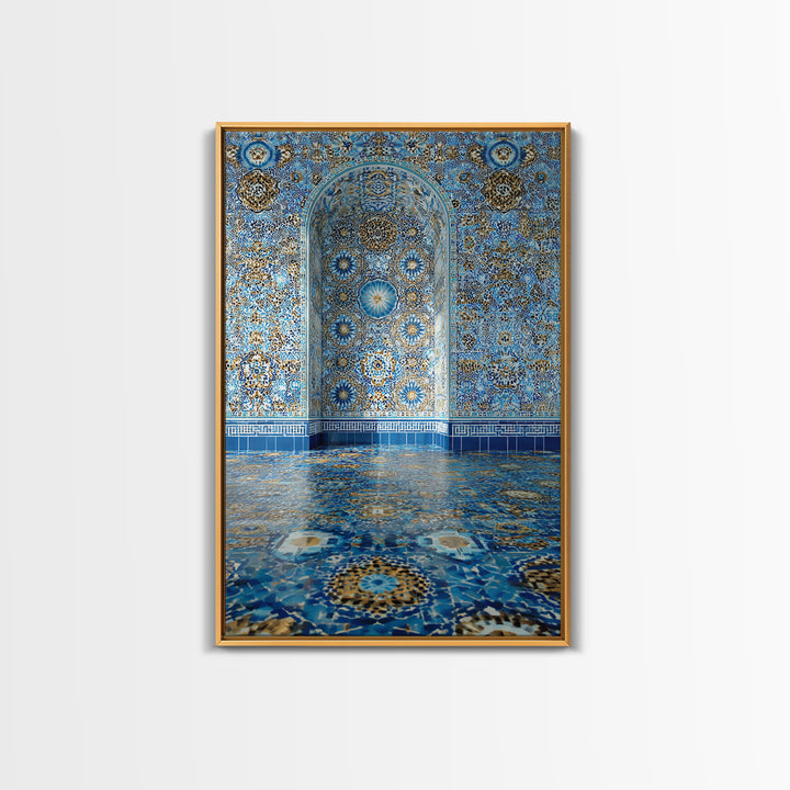 Intricate Islamic Tile Pattern Blue And Gold Wall Art Framed Canvas Print Featuring Elegant Cultural Home Decor Or Gift