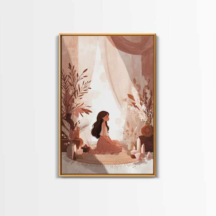 Boho Meditation Girl With Crystals And Pampas Framed Canvas Print, Yoga Studio Wall Art, Spiritual Decor, Boho Home Decor Gift