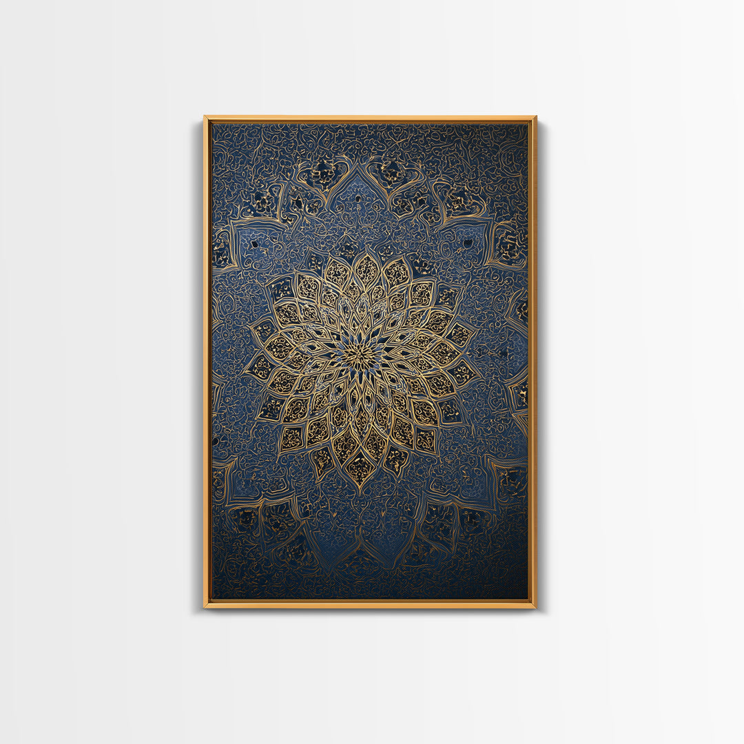 Intricate Blue And Gold Islamic Mandala Wall Art With Ornate Patterns Framed Canvas Print For Elegant Modern Home Decor