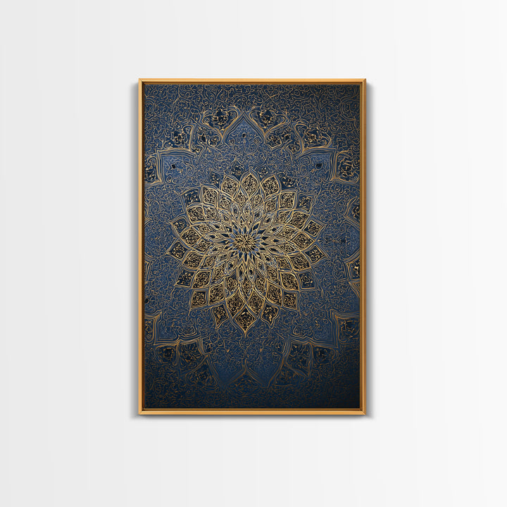 Intricate Blue And Gold Islamic Mandala Wall Art With Ornate Patterns Framed Canvas Print For Elegant Modern Home Decor