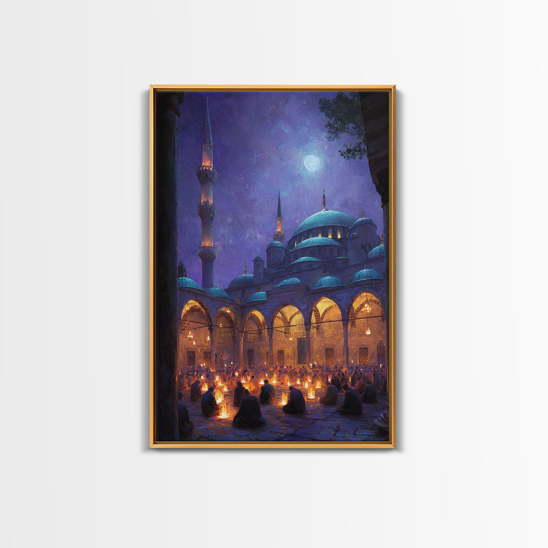 Starry Night Prayer Scene With Glowing Lamps And Mesmerizing Night Sky In Traditional Islamic Architecture Wall Art