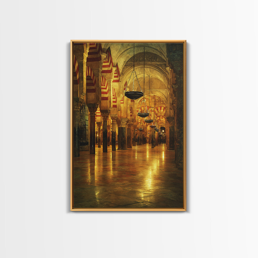 Golden Mosque Interior Glowing Warm Light Framed Canvas Islamic Wall Art Traditional Architecture Home Decor