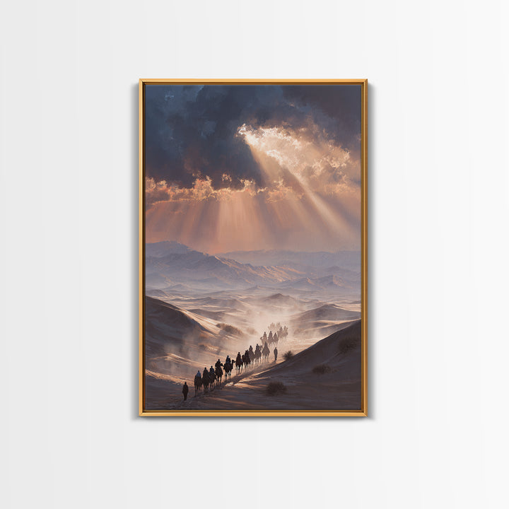 Desert Caravan Landscape Painting Dramatic Sunset Wall Art Framed Canvas Print For Southwest Home Decor Gift