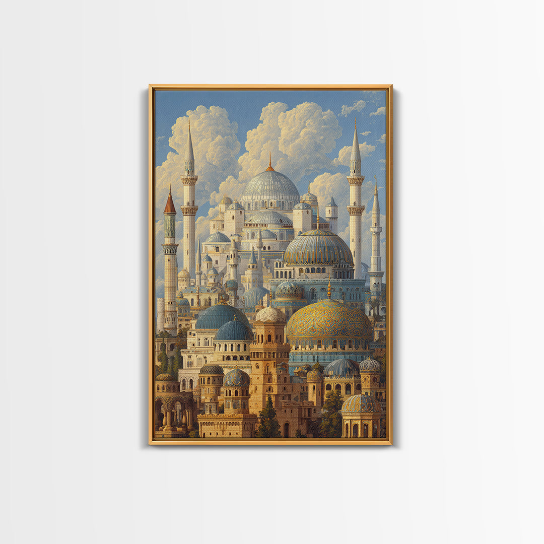 Detailed Ottoman Mosque Architecture With Puffy Clouds Original Landscape Oil Painting Wall Art For Home Or Office Decor