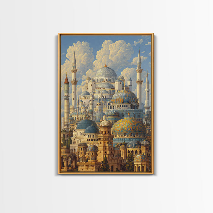 Detailed Ottoman Mosque Architecture With Puffy Clouds Original Landscape Oil Painting Wall Art For Home Or Office Decor