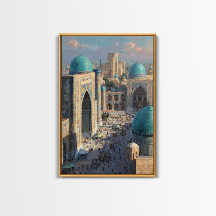 Sunlit Oriental Market Street With Blue Domed Buildings Painting Wall Art Framed Canvas Print