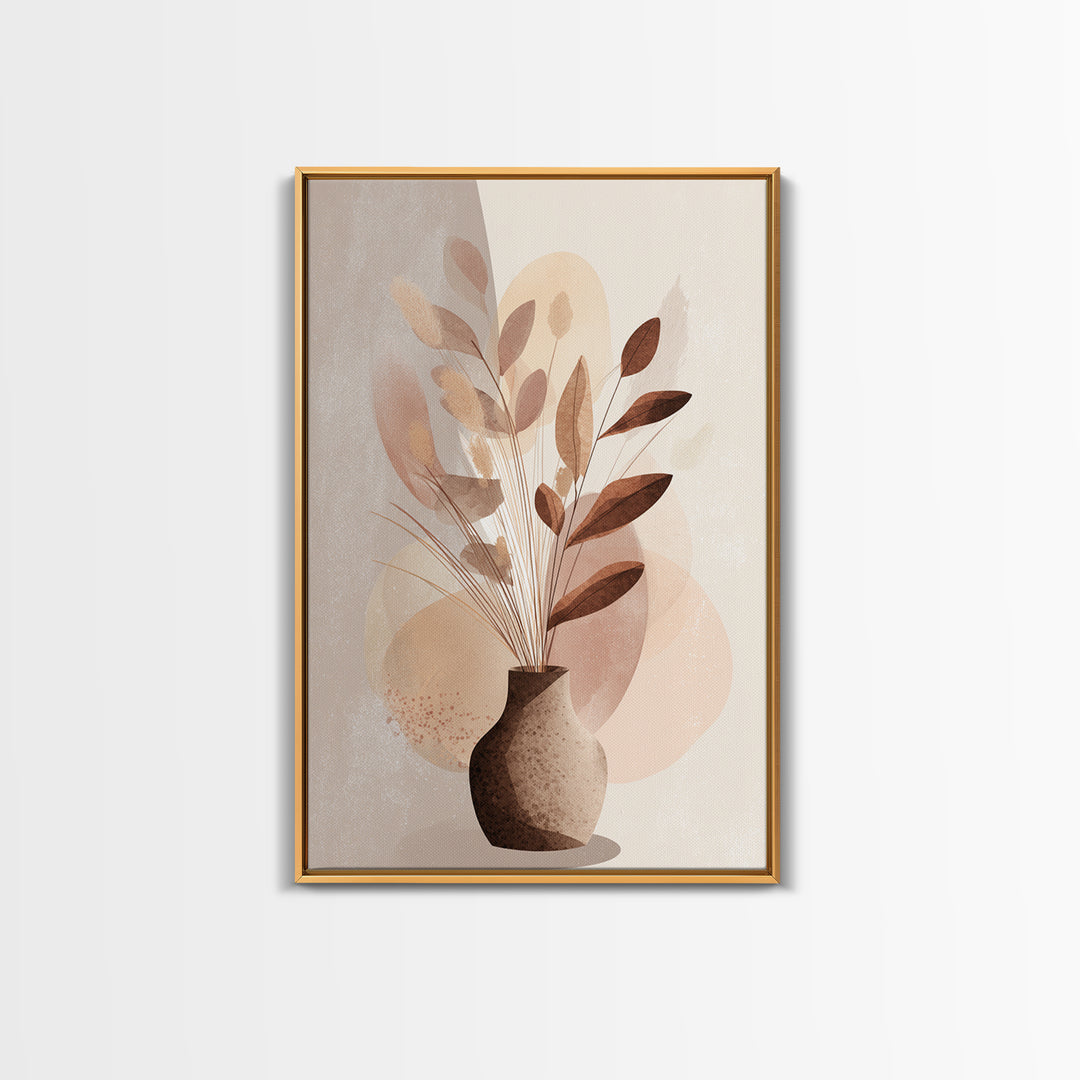 Neutral Botanical Vase With Soft Abstract Leaves Framed Canvas Print, Minimalist Wall Art, Japandi Decor, Modern Home Decor