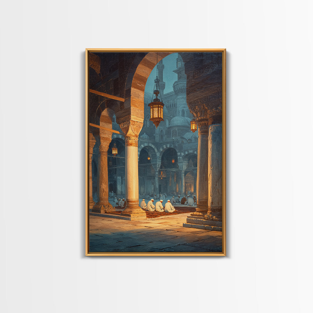 Ancient Mosque Interior With Worshippers And Pillars Framed Canvas Print Islamic Wall Art Modern Home Decor