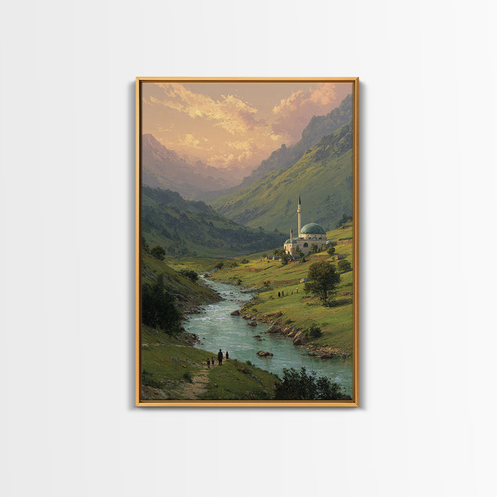 Peaceful Mountain Village With Flowing River Landscape Oil Painting Canvas Print For Nature Lovers And Tranquil Wall Decor