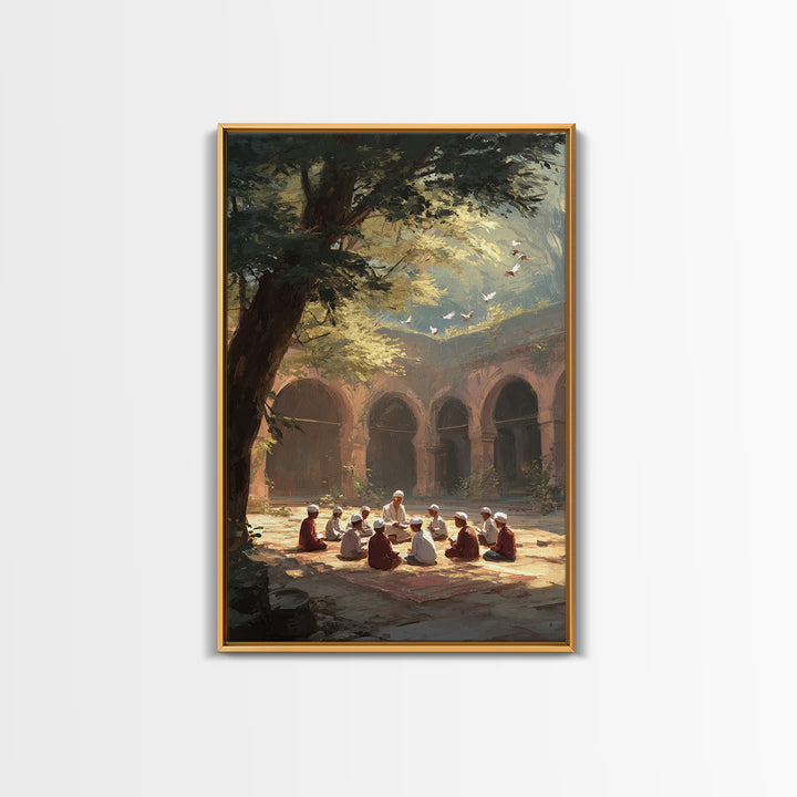 Golden Doves In Sunlit Forest Scenic Nature Painting Framed Canvas Print Rustic Cozy Wall Art For Home