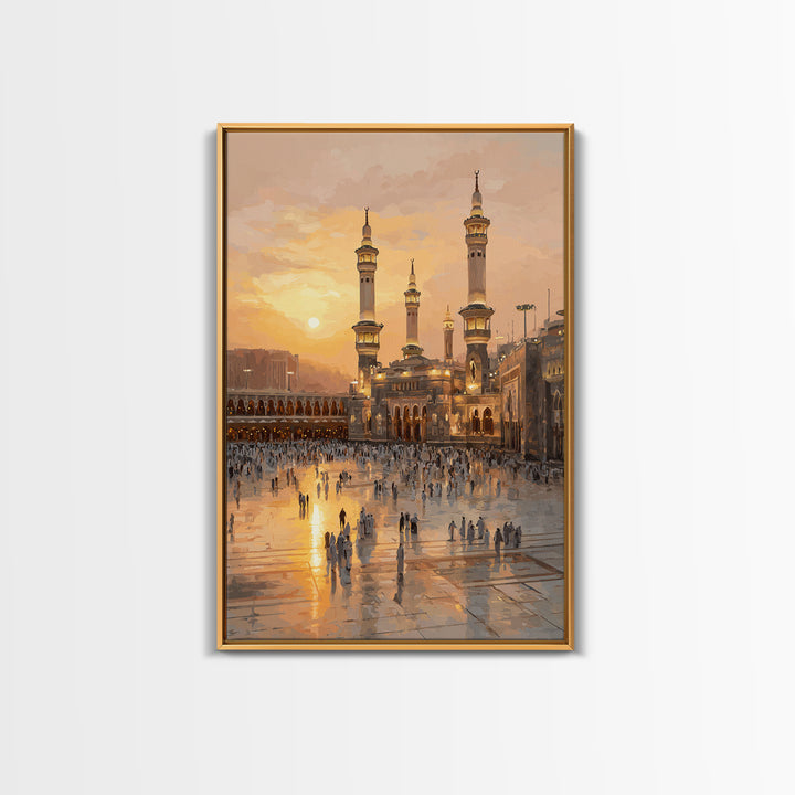 Sunset Over Mecca Mosque Digital Painting Wall Art Framed Canvas Print For Islamic Home Decor And Spiritual Gifts