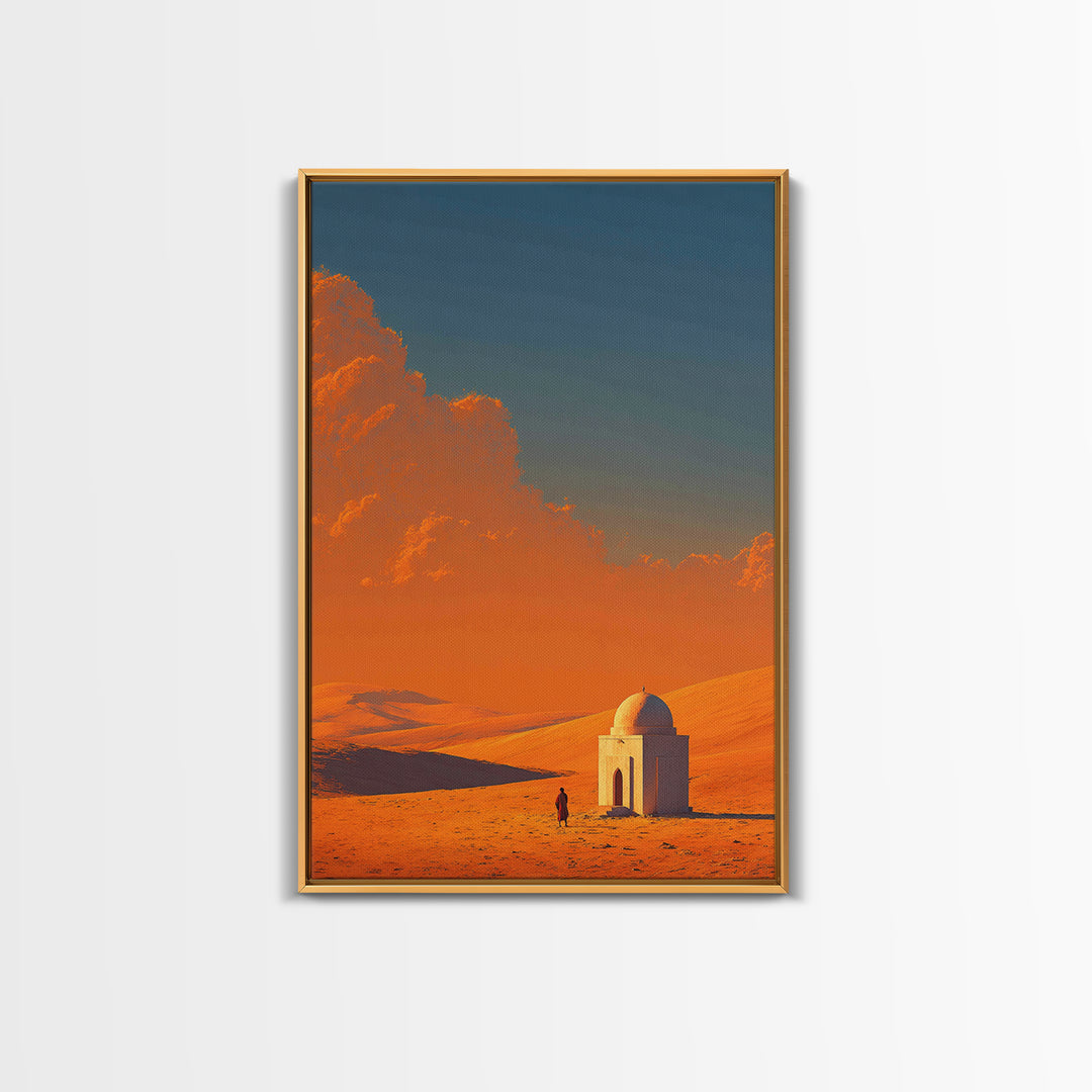 Desert Landscape With Monochrome Architecture And Vibrant Orange Sky Wall Art Framed Canvas Print For Home