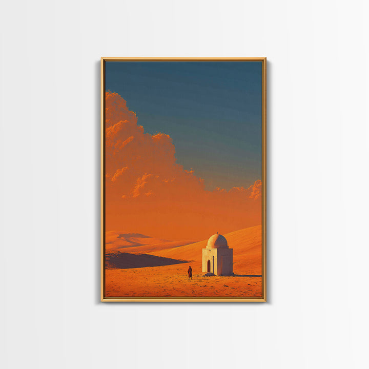 Desert Landscape With Monochrome Architecture And Vibrant Orange Sky Wall Art Framed Canvas Print For Home